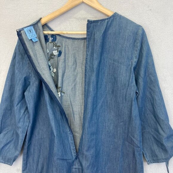 CECE Den Embroidered 3/4 Sleeve Chambray Shift Dress Size 10 Floral Boxy Denim - Picture 15 of 15